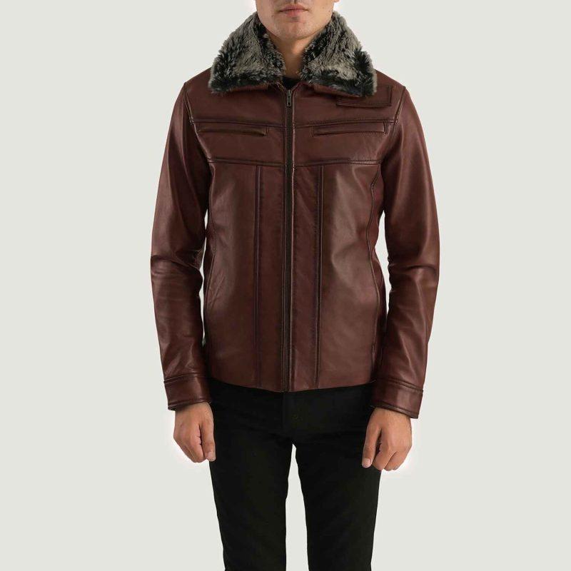 "Rustic Elegance Leather Shearling Jacket with a detachable faux fur collar, burnished finish, and four outside pockets."